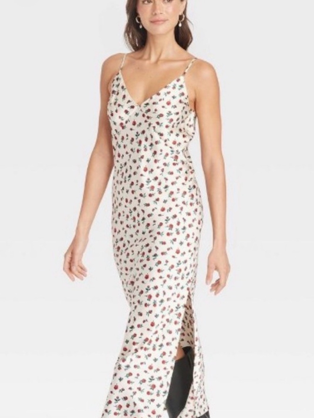 a new day Cream Floral Slip Midi Dress with Red rose print Large